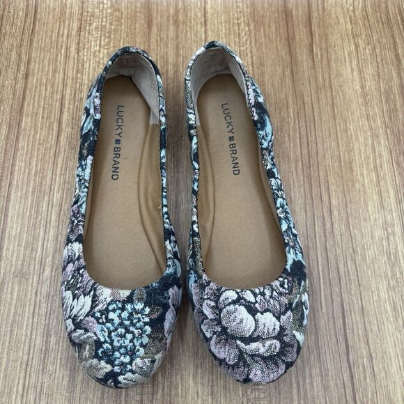Lucky Brand Emmie Navy Blue Cream Pink Floral Embroidered Ballet Flat 8.5 M - Picture 7 of 9